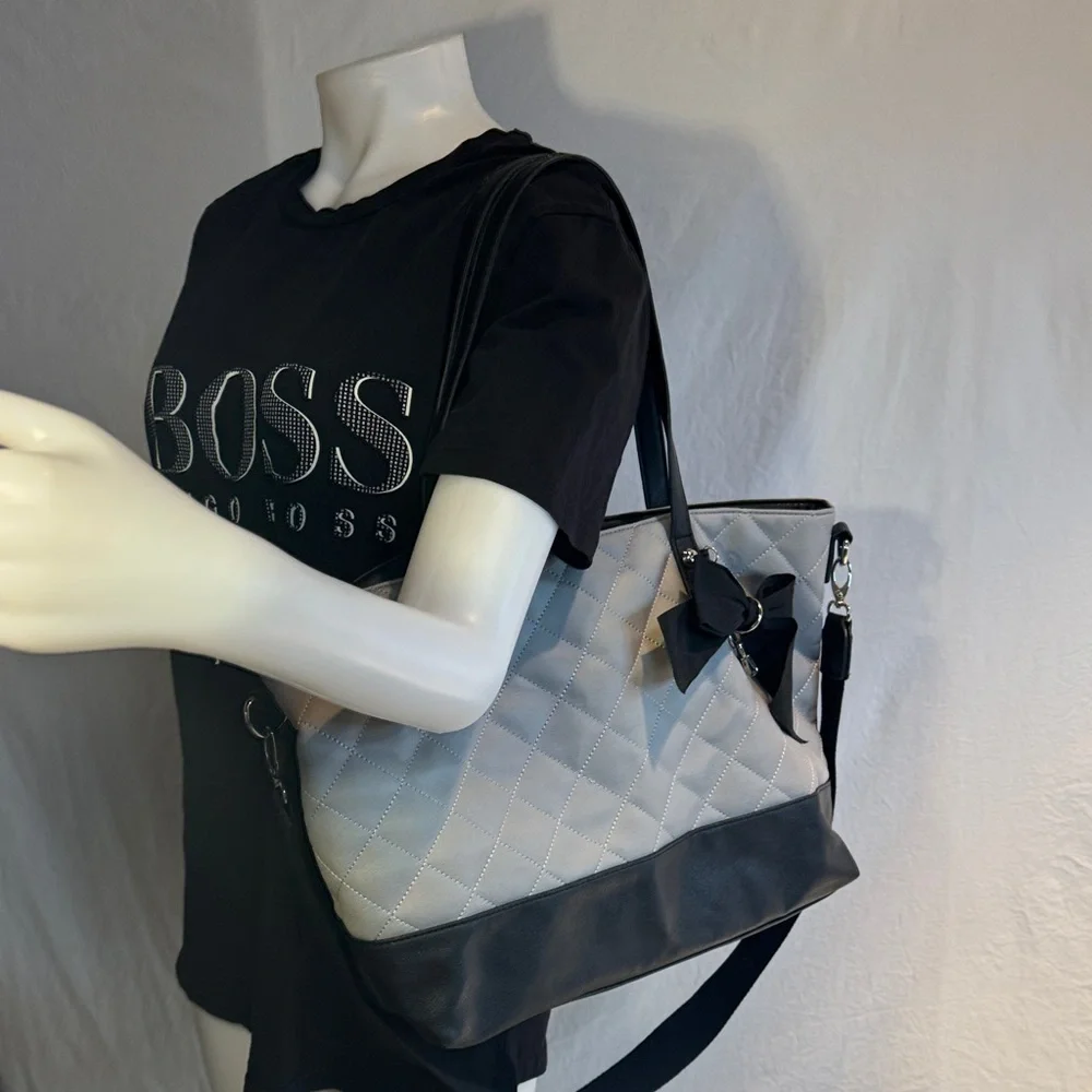Jessica Simpson Black and Gray Quilted Tote with Bow